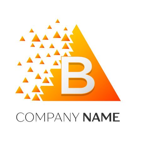 Realistic letter B vector logo symbol in the colorful triangle with shattered blocks on white background. Vector template for your designのイラスト素材