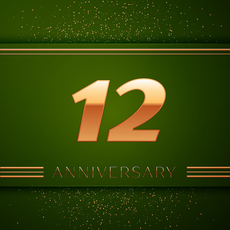 Realistic Twelve Years Anniversary Celebration  . Golden numbers and golden confetti on green background. Colorful Vector template elements for your birthday partyのイラスト素材