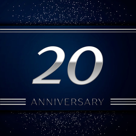 Realistic Twenty Years Anniversary Celebration Logotype. Silver numbers and silver confetti on blue background. Colorful Vector template elements for your birthday partyのイラスト素材
