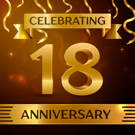 Realistic Eighteen Years Anniversary Celebration Design. Golden confetti and gold ribbon on brown background. Colorful Vector template elements for your birthday partyのイラスト素材