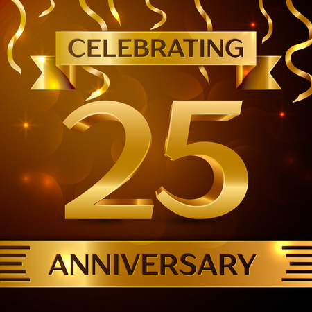 Realistic Twenty five Years Anniversary Celebration Design. Golden confetti and gold ribbon on brown background. Colorful Vector template elements for your birthday partyのイラスト素材
