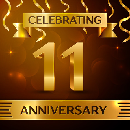 Realistic Eleven Years Anniversary Celebration Design. Golden confetti and gold ribbon on brown background. Colorful Vector template elements for your birthday partyのイラスト素材