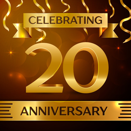 Realistic Twenty Years Anniversary Celebration Design. Golden confetti and gold ribbon on brown background. Colorful Vector template elements for your birthday partyのイラスト素材