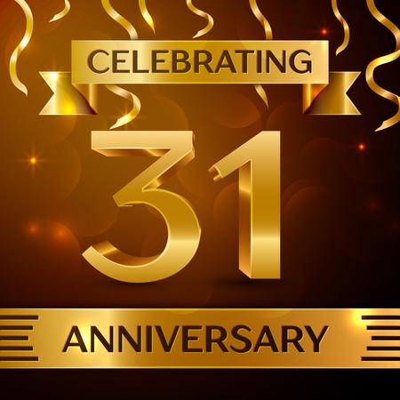 Realistic Thirty one Years Anniversary Celebration Design. Golden confetti and gold ribbon on brown background. Colorful Vector template elements for your birthday partyのイラスト素材