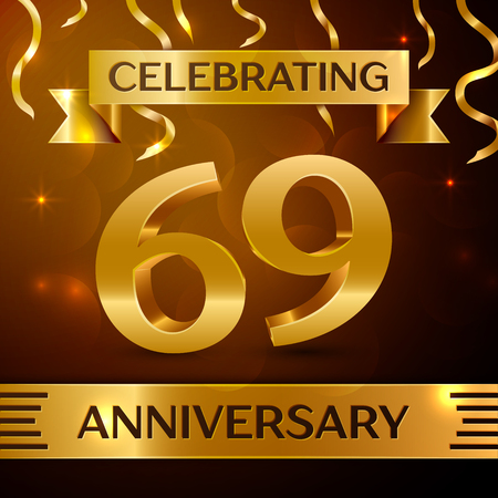 Realistic Sixty nine Years Anniversary Celebration Design. Golden confetti and gold ribbon on brown background. Colorful Vector template elements for your birthday partyのイラスト素材