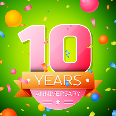 Realistic Ten Years Anniversary Celebration Design. Pink numbers and golden ribbon, confetti on green background. Colorful Vector template elements for your birthday partyのイラスト素材