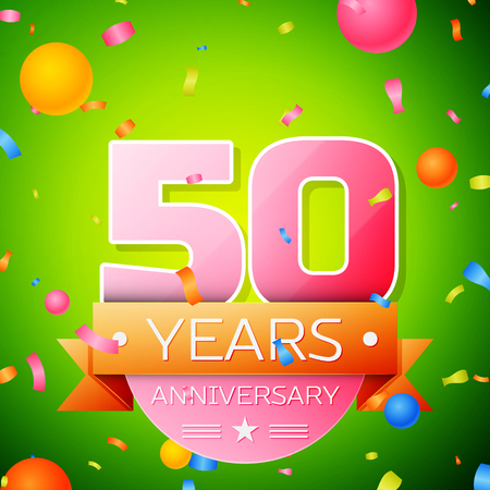 Realistic Fifty Years Anniversary Celebration Design. Pink numbers and golden ribbon, confetti on green background. Colorful Vector template elements for your birthday partyのイラスト素材