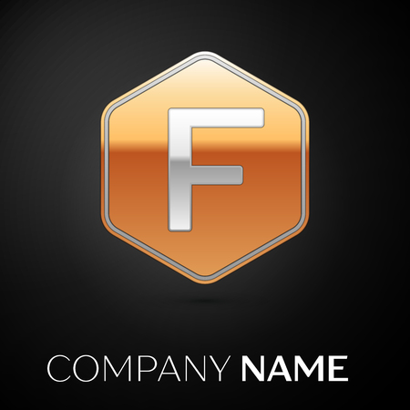 Letter F vector logo symbol in the golden hexagonal on black background. Vector template for your designのイラスト素材