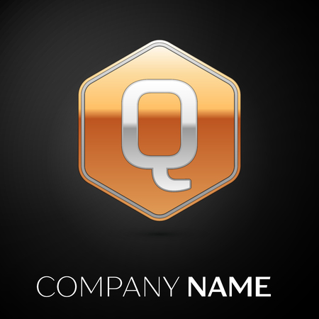 Letter Q vector logo symbol in the golden hexagonal on black background. Vector template for your designのイラスト素材