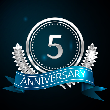 Realistic Five Years Anniversary Celebration Design with Silver Ring and Laurel Wreath, blue ribbon on blue background. Colorful Vector template elements for your birthday celebrating partyのイラスト素材