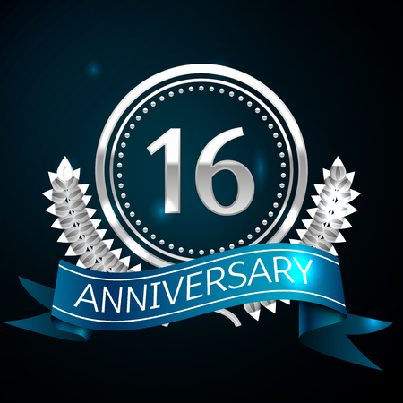 Realistic Sixteen Years Anniversary Celebration Design with Silver Ring and Laurel Wreath, blue ribbon on blue background. Colorful Vector template elements for your birthday celebrating partyのイラスト素材