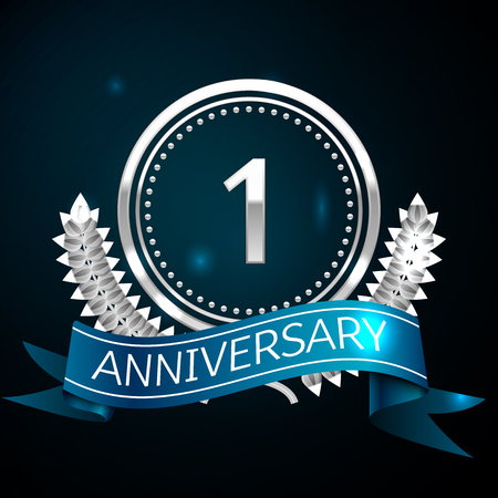 Realistic One Years Anniversary Celebration Design with Silver Ring and Laurel Wreath, blue ribbon on blue background. Colorful Vector template elements for your birthday celebrating partyのイラスト素材