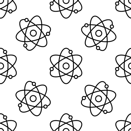 Atom line icon seamless pattern on white background. Symbol of science, education, nuclear physics, scientific research. Electrons and protonssign. Flat design. Vector Illustrationのイラスト素材