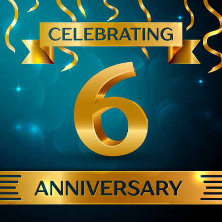 Realistic Six Years Anniversary Celebration Design. Golden confetti and gold ribbon on blue background. Colorful Vector template elements for your birthday partyのイラスト素材