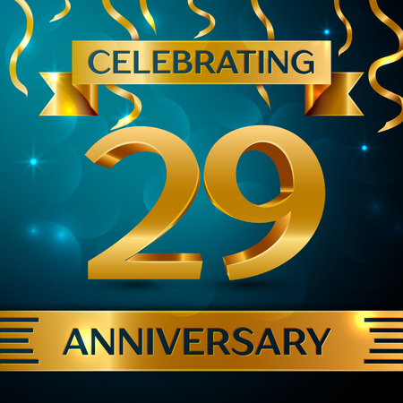 Realistic Twenty nine Years Anniversary Celebration Design. Golden confetti and gold ribbon on blue background. Colorful Vector template elements for your birthday partyのイラスト素材