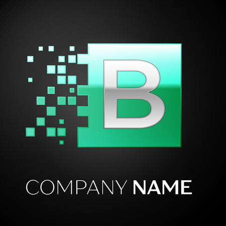Silver Letter B logo symbol in the green colorful square with shattered blocks on black background. Vector template for your designのイラスト素材