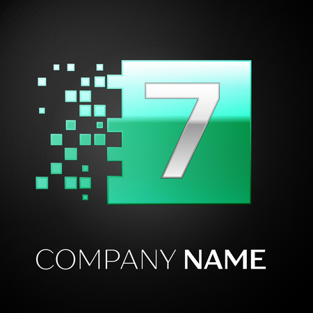 Silver Number Seven logo symbol in the green colorful square with shattered blocks on black background. Vector template for your designのイラスト素材