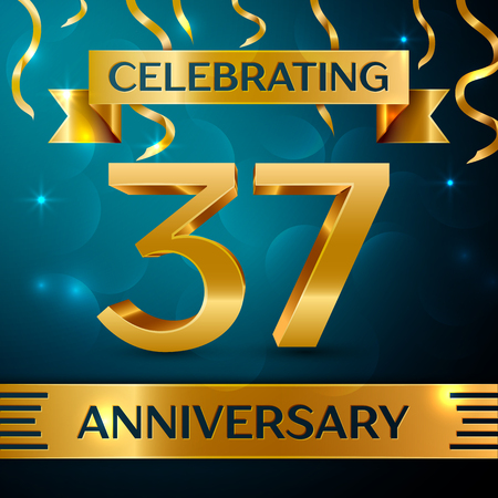Realistic Thirty seven Years Anniversary Celebration Design. Golden confetti and gold ribbon on blue background. Colorful Vector template elements for your birthday partyのイラスト素材