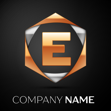 Gold Letter E logo symbol in the colorful golden-silver hexagonal on black background. Vector template for your designのイラスト素材