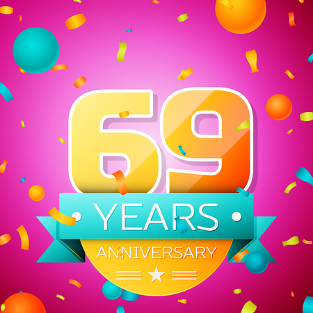 Realistic Sixty nine Years Anniversary Celebration design banner. Gold numbers and cyan ribbon, balloons, confetti on pink background. Colorful Vector template elements for your birthday partyのイラスト素材