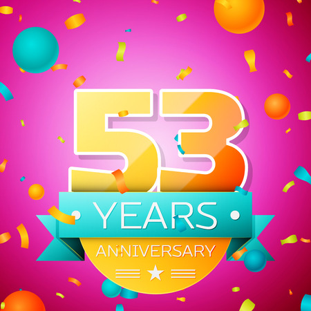 Realistic Fifty three Years Anniversary Celebration design banner. Gold numbers and cyan ribbon, balloons, confetti on pink background. Colorful Vector template elements for your birthday partyのイラスト素材