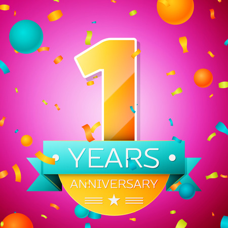 Realistic One Years Anniversary Celebration design banner. Gold numbers and cyan ribbon, balloons, confetti on pink background. Colorful Vector template elements for your birthday partyのイラスト素材