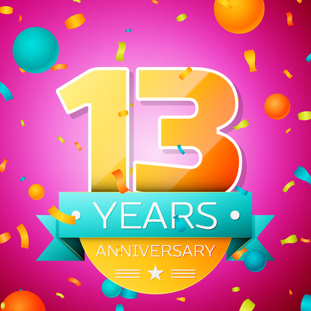 Realistic Thirteen Years Anniversary Celebration design banner. Gold numbers and cyan ribbon, balloons, confetti on pink background. Colorful Vector template elements for your birthday partyのイラスト素材