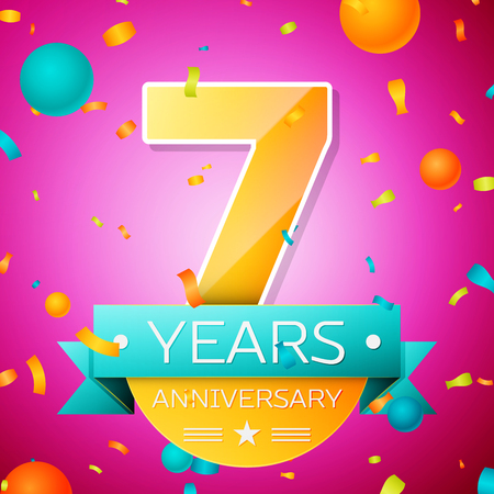 Realistic Seven Years Anniversary Celebration design banner. Gold numbers and cyan ribbon, balloons, confetti on pink background. Colorful Vector template elements for your birthday partyのイラスト素材