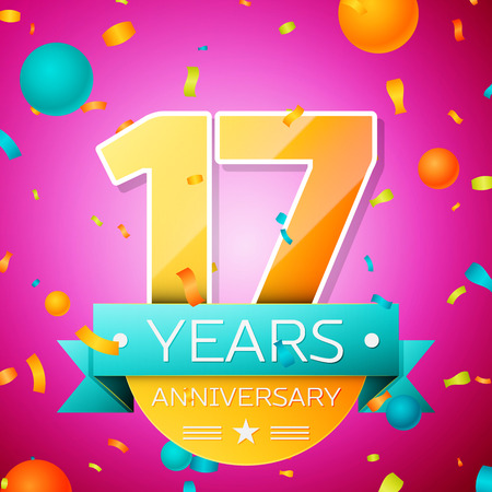 Realistic Seventeen Years Anniversary Celebration design banner. Gold numbers and cyan ribbon, balloons, confetti on pink background. Colorful Vector template elements for your birthday partyのイラスト素材