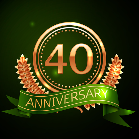Realistic Forty Years Anniversary Celebration Design with Golden Ring and Laurel Wreath, green ribbon on green background. Colorful Vector template elements for your birthday celebrating partyのイラスト素材