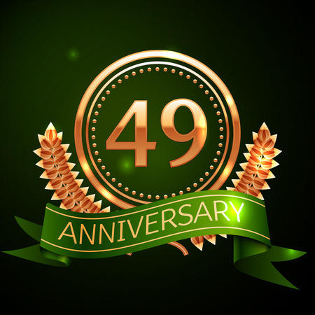 Realistic Forty nine Years Anniversary Celebration Design with Golden Ring and Laurel Wreath, green ribbon on green background. Colorful Vector template elements for your birthday celebrating partyのイラスト素材