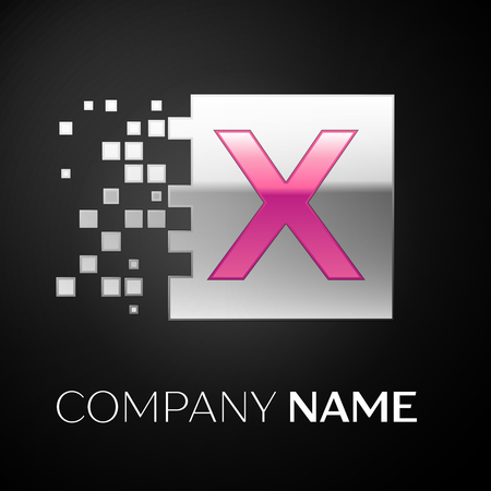 Pink Letter X logo symbol in the silver colorful square with shattered blocks on black background. Vector template for your designのイラスト素材