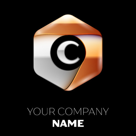 Realistic Silver Letter C logo symbol in the colorful silver-golden hexagonal shape on black background. Vector template for your designのイラスト素材