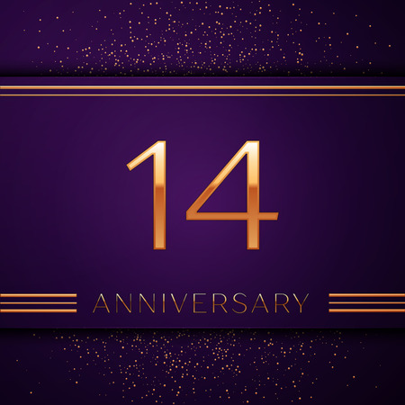 Realistic Fourteen Years Anniversary Celebration design banner. Golden number and confetti on purple background. Colorful Vector template elements for your birthday partyのイラスト素材