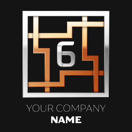 Realistic Silver Number Six logo symbol in the silver-golden colorful square maze shape on black background. The logo symbolizes labyrinth, choice of right path. Vector template for your designのイラスト素材
