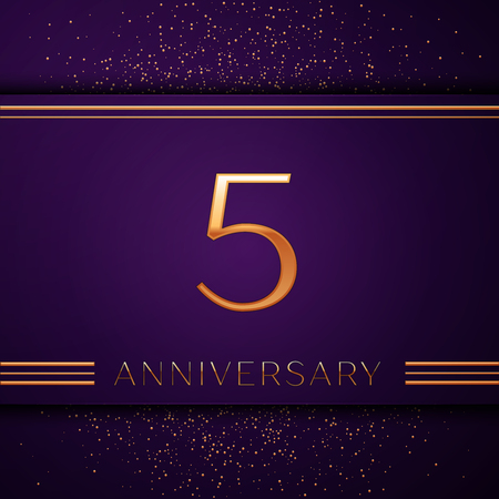 Realistic Five Years Anniversary Celebration design banner. Golden number and confetti on purple background. Colorful Vector template elements for your birthday partyのイラスト素材