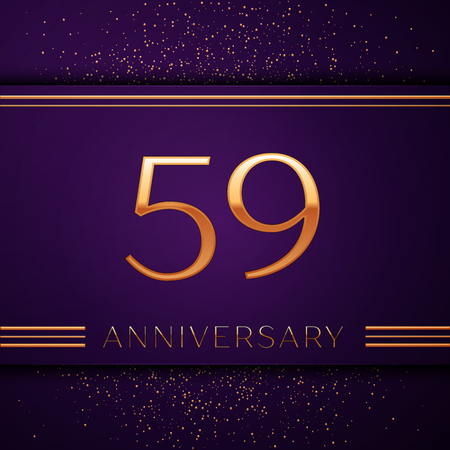 Realistic Fifty nine Years Anniversary Celebration design banner. Golden number and confetti on purple background. Colorful Vector template elements for your birthday partyのイラスト素材