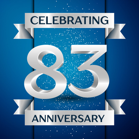 Realistic Years Anniversary Celebration design banner. Silver number, confetti and ribbon on blue background. Colorful Vector template elements for your birthday partyのイラスト素材