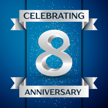 Realistic Years Anniversary Celebration design banner. Silver number, confetti and ribbon on blue background. Colorful Vector template elements for your birthday partyのイラスト素材