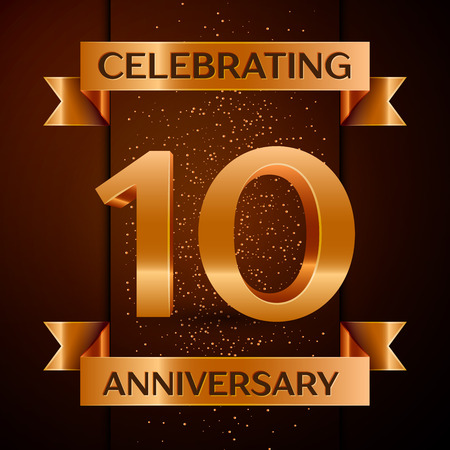 Realistic Ten Years Anniversary Celebration design banner. Golden number, confetti and ribbon on brown background. Colorful Vector template elements for your birthday partyのイラスト素材