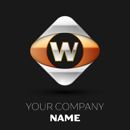 Realistic Silver Letter W logo symbol in the colorful golden-silver square shape on black background. Vector template for your designのイラスト素材