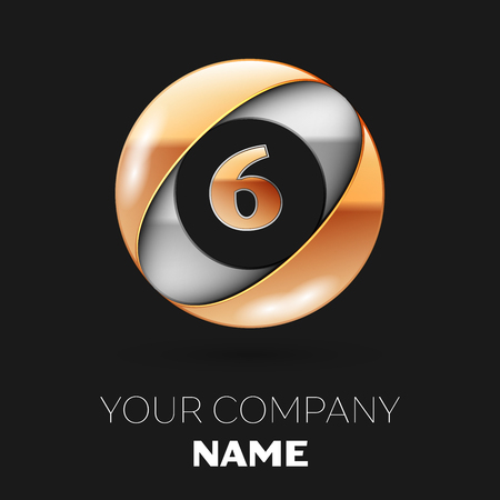 Realistic Golden Number Six logo symbol in the silver-golden colorful circle shape on black background. Vector template for your designのイラスト素材