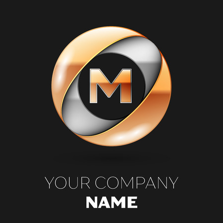 Realistic Golden Letter M logo symbol in the silver-golden colorful circle shape on black background. Vector template for your designのイラスト素材