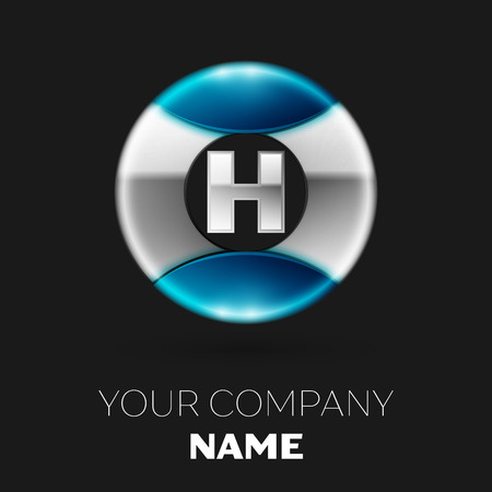 Realistic Silver Letter H logo symbol in the silver-blue colorful circle shape on black background. Vector template for your designのイラスト素材
