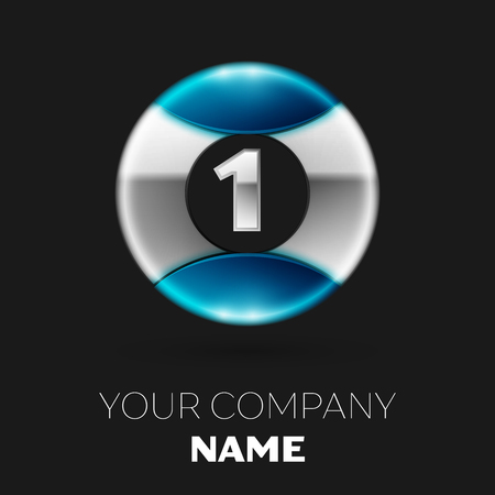 Realistic Silver Number One logo symbol in the silver-blue colorful circle shape on black background. Vector template for your designのイラスト素材