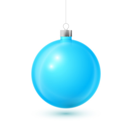 Realistic Aqua Christmas ball with silver ribbon, isolated on white background. Merry Christmas greeting card. Vector illustrationのイラスト素材