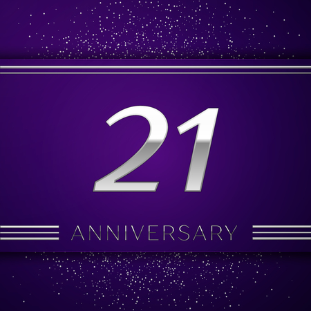 Realistic Twenty one Years Anniversary Celebration design banner. Silver number and confetti on purple background. Colorful Vector template elements for your birthday partyのイラスト素材