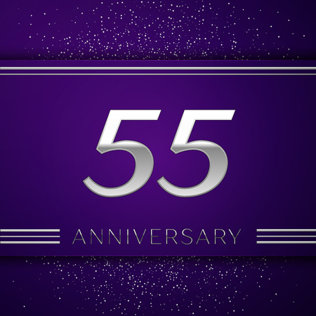 Realistic Fifty five Years Anniversary Celebration design banner. Silver number and confetti on purple background. Colorful Vector template elements for your birthday partyのイラスト素材