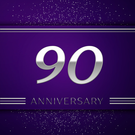 Realistic Ninety Years Anniversary Celebration design banner. Silver number and confetti on purple background. Colorful Vector template elements for your birthday partyのイラスト素材