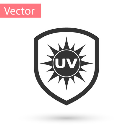 Grey UV protection icon isolated on white background. Sun and shield. Ultra violet rays radiation. SPF sun sign. Vector Illustrationのイラスト素材